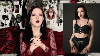Woman In Red Dress Next To Her Picture GIF