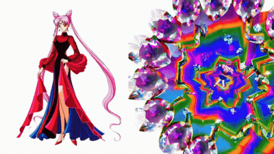 Woman In Red Dress Next To Kaleidoscope Of Diamonds GIF