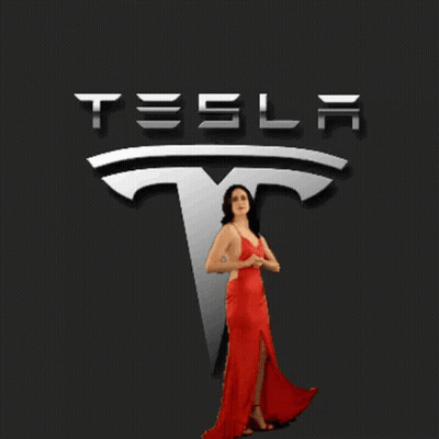 Woman In Red Dress Posing In Front Of Tesla Logo GIF