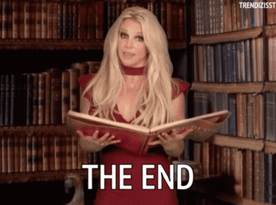 Woman In Red Dress Reading Book Saying The End GIF