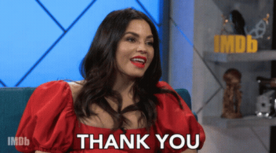 Woman In Red Dress Saying Thank You On IMDb GIF