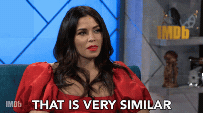 Woman In Red Dress Saying That Is Very Similar In Front Of IMDb Logo GIF
