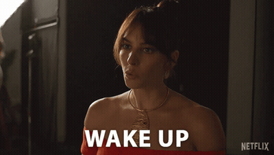 Woman In Red Dress Saying Wake Up Netflix Ad GIF