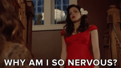 Woman in Red Dress Saying Why Am I So Nervous