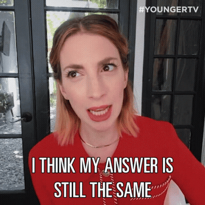 Woman In Red Dress Says I Think My Answer Is Still The Same GIF