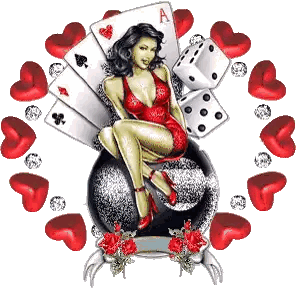 Woman In Red Dress Sitting On Ball With Cards And Dice Sticker