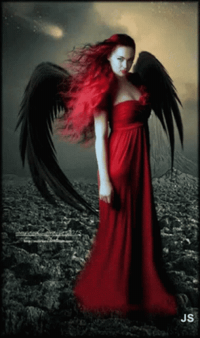 Woman In Red Dress With Black Wings And JS GIF