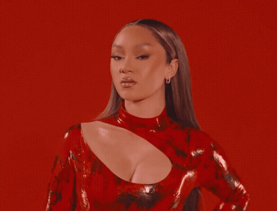 Woman In Red Dress With Front Cutout GIF