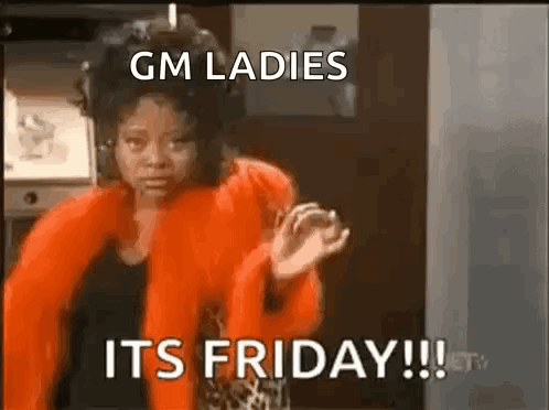 Woman In Red Fur Coat Saying GM Ladies Its Friday GIF