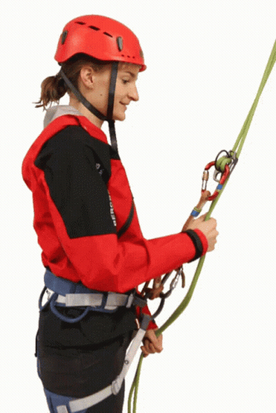 Woman In Red Helmet And Jacket Holding Rope GIF