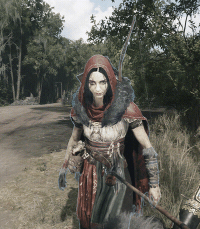 Woman In Red Hooded Cape Holding Sword GIF