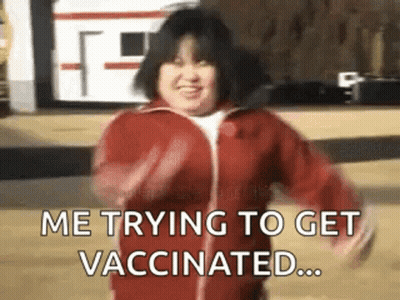 Woman In Red Jacket Dancing Saying Me Trying To Get Vaccinated GIF