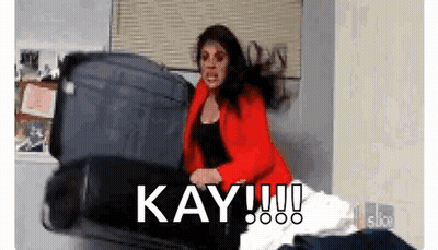 Woman In Red Jacket Holding Suitcase Saying Kay GIF