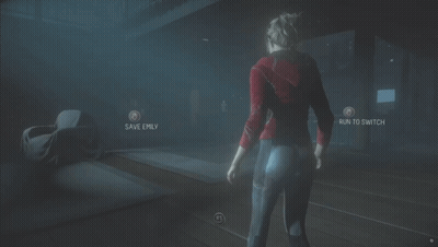 Woman In Red Jacket Saying Save Emily And Run Switching On Screen GIF