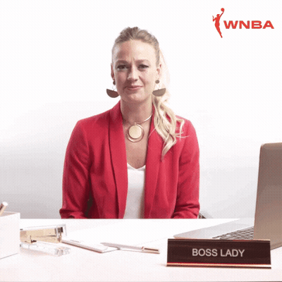 Woman In Red Jacket With Boss Lady Sign GIF