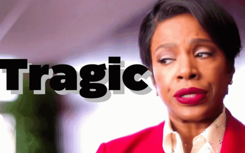 Woman in Red Jacket with Tragic Word