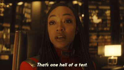 Woman In Red Outfit Says That's One Hell Of A Test GIF
