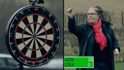 Woman In Red Scarf Throwing Dart At Eclipse Pro Board GIF