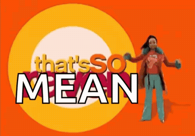 Woman In Red Shirt Dancing In Front Of That's So Mean Sign GIF
