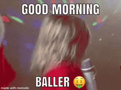 Woman In Red Shirt Dancing Saying Good Morning Baller GIF