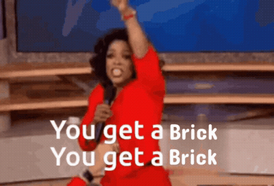 Woman In Red Shirt Holding Microphone Says You Get A Brick You Get A Brick GIF