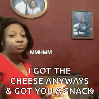 Woman In Red Shirt Saying Got Cheese And Snack GIF