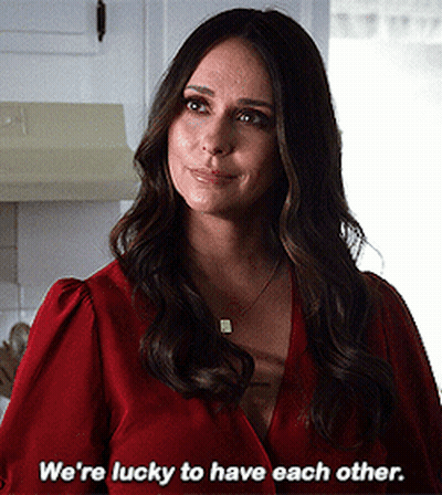Woman In Red Shirt Saying We're Lucky To Have Each Other GIF