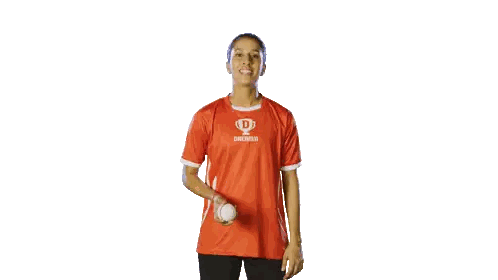 Woman In Red Shirt With D Sticker