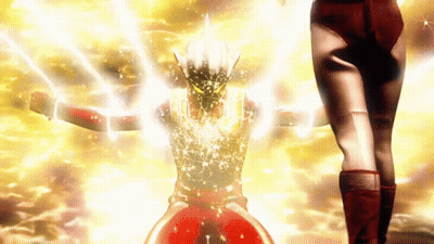 Woman In Red Shorts Next To Superhero With Arms Outstretched GIF