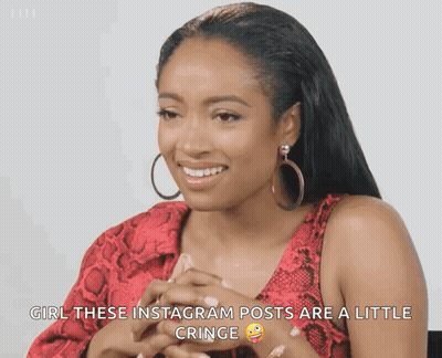 Woman In Red Snakeskin Dress Smiling Says Girl These Instagram Posts Are A Little Cringe GIF