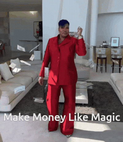 Woman In Red Suit Make Money Like Magic GIF