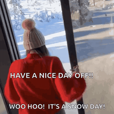 Woman In Red Sweater And Hat Looking Out Window Saying Have A Nice Day Off Woo Hoo GIF