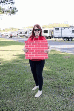 Woman In Red Sweater Holding Brick Wall GIF