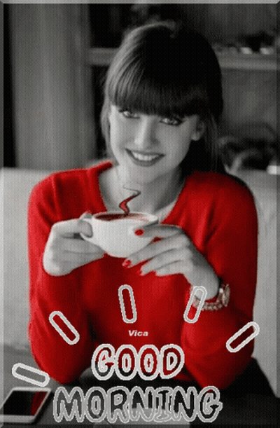 Woman In Red Sweater Holding Coffee Good Morning GIF