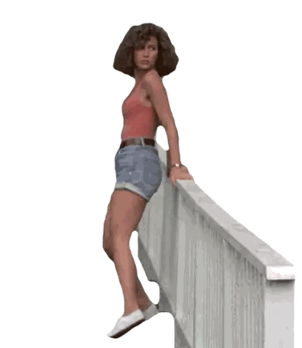 Woman In Red Tank Top And Blue Shorts Leaning Sticker