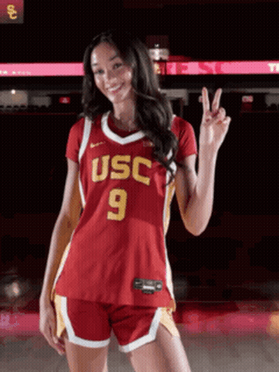 Woman In Red USC Jersey And Shorts GIF