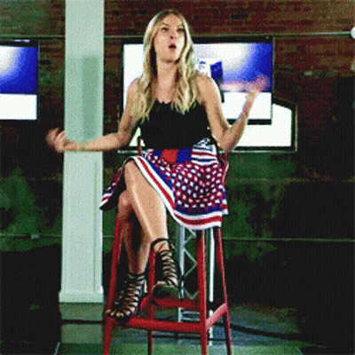 Woman In Red White Blue Skirt Sitting GIF