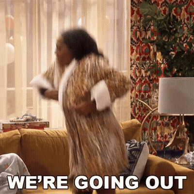 Woman In Robe Jumping On Couch We're Going Out GIF