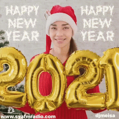 Woman In Santa Hat Holding Gold 2021 Balloons GIF