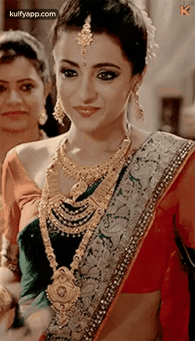 Woman In Saree And Gold Jewelry Smiling GIF