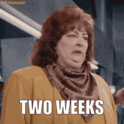 Woman In Scarf And Jacket Saying Two Weeks GIF