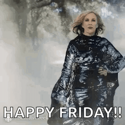 Woman In Sequined Dress Saying Happy Friday GIF