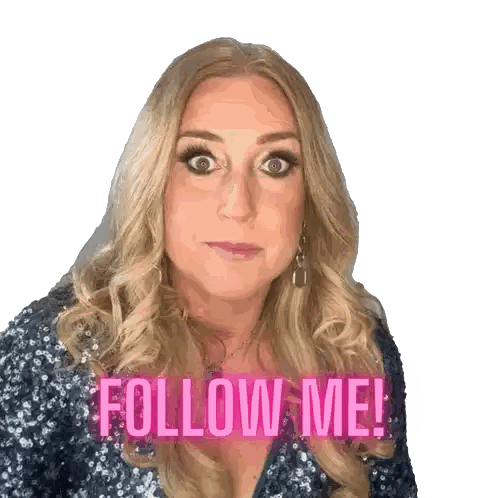 Woman In Sequined Top Says Follow Me Sticker