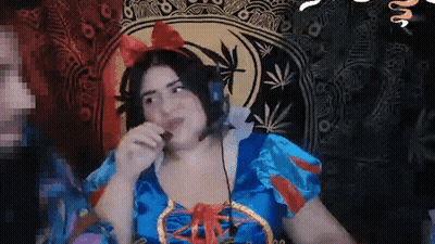 Woman In Snow White Costume With Headphones GIF