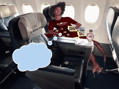 Woman In Somon Air Shirt Sitting In Plane Seat GIF