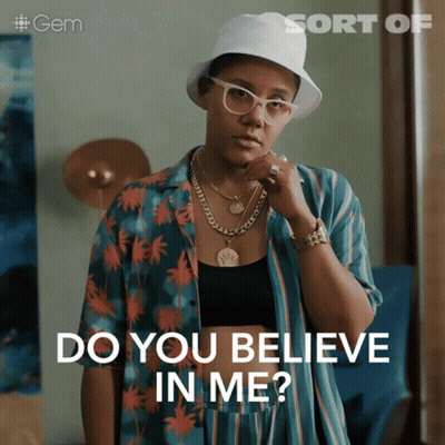 Woman In Striped Shirt And White Hat Saying Do You Believe In Me GIF
