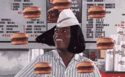 Woman In Striped Shirt Surrounded By Hamburgers GIF
