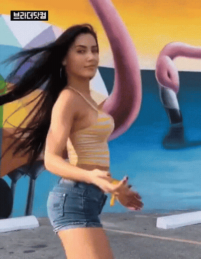 Woman In Striped Top Dancing By Flamingo Mural GIF