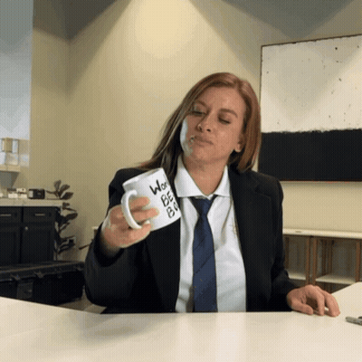 Woman In Suit Holding Coffee Mug Saying Work Bee Ever GIF