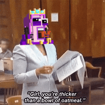 Woman In Suit Holding Paper In Courtroom With Cartoon On Head GIF